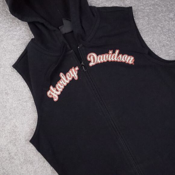 Womens Harley Davidson Medium Black Sleeveless Full Zip Hooded Vest - Picture 8 of 9